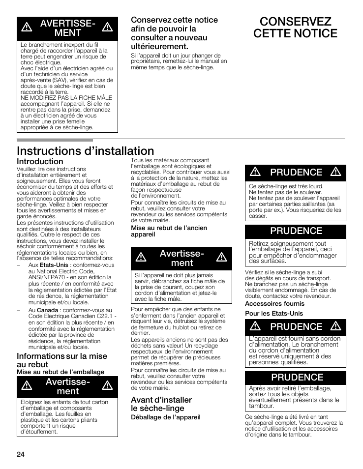 Conservez cette notice instructions d'installation, Avertisseć ment, Prudence | Siemens WTXD5321US User Manual | Page 24 / 64