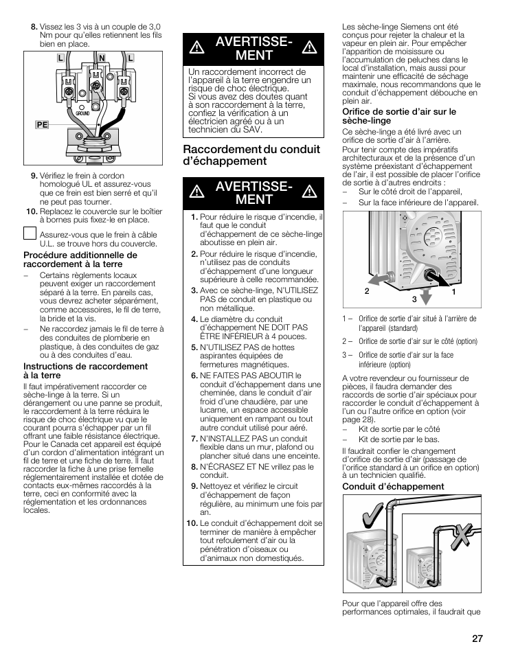 Avertisseć ment, Raccordement du conduit d'échappement | Siemens WTXD5321US User Manual | Page 27 / 64