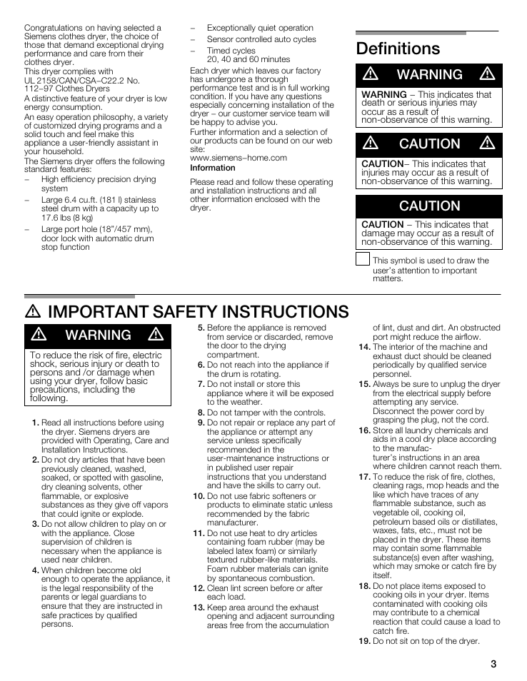 Definitions d, D important safety instructions d, Warning | Caution | Siemens WTXD5321US User Manual | Page 3 / 64
