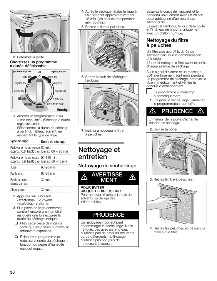 Nettoyage et entretien, Avertisse- ment, Prudence | Nettoyage du sèchećlinge, Nettoyage du filtre à peluches | Siemens WTXD5321US User Manual | Page 38 / 64