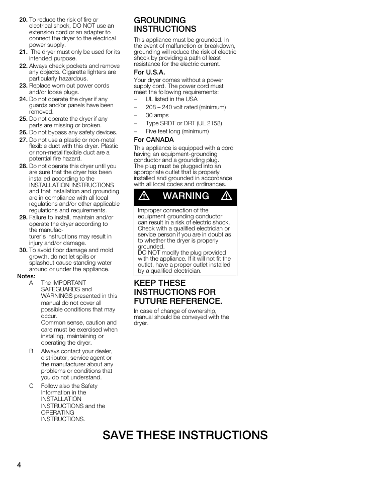 Save these instructions, Warning, Grounding instructions | Keep these instructions for future reference | Siemens WTXD5321US User Manual | Page 4 / 64