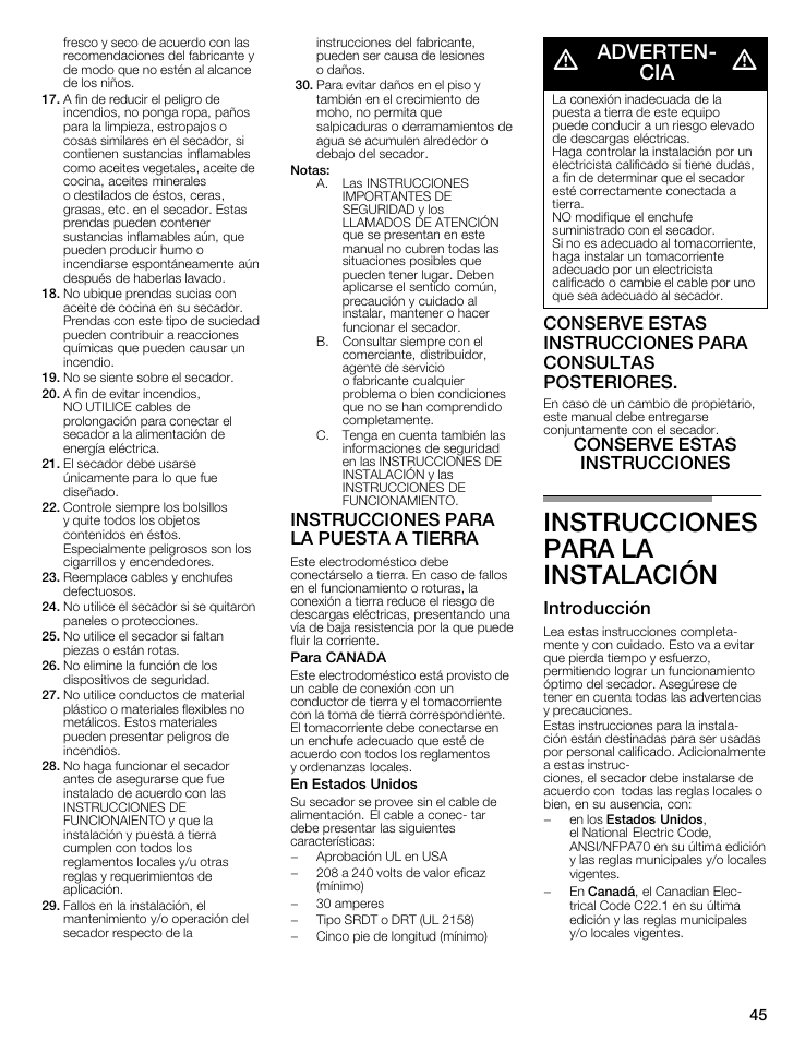 Instrucciones para la instalación, Advertenć cia, Instrucciones para la puesta a tierra | Conserve estas instrucciones, Introducción | Siemens WTXD5321US User Manual | Page 45 / 64