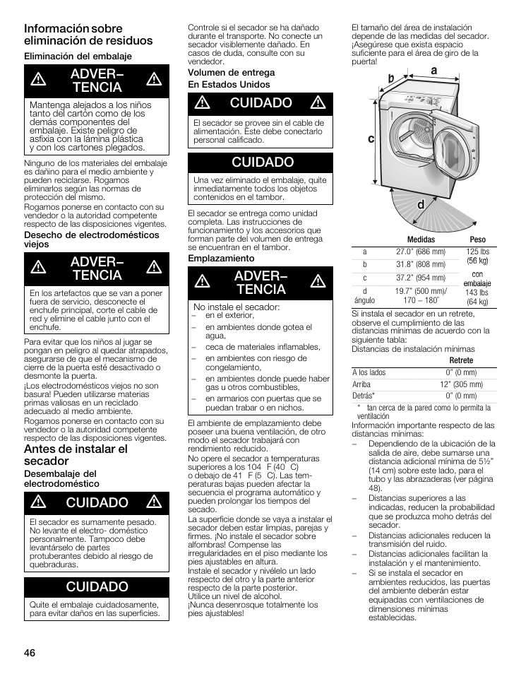 Adver- tencia, Cuidado, Información sobre eliminación de residuos | Antes de instalar el secador | Siemens WTXD5321US User Manual | Page 46 / 64