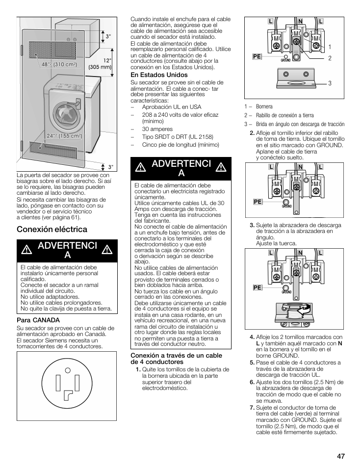 Advertenci a, Conexión eléctrica | Siemens WTXD5321US User Manual | Page 47 / 64