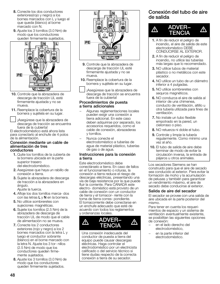 Adver- tencia, Conexión del tubo de aire de salida | Siemens WTXD5321US User Manual | Page 48 / 64