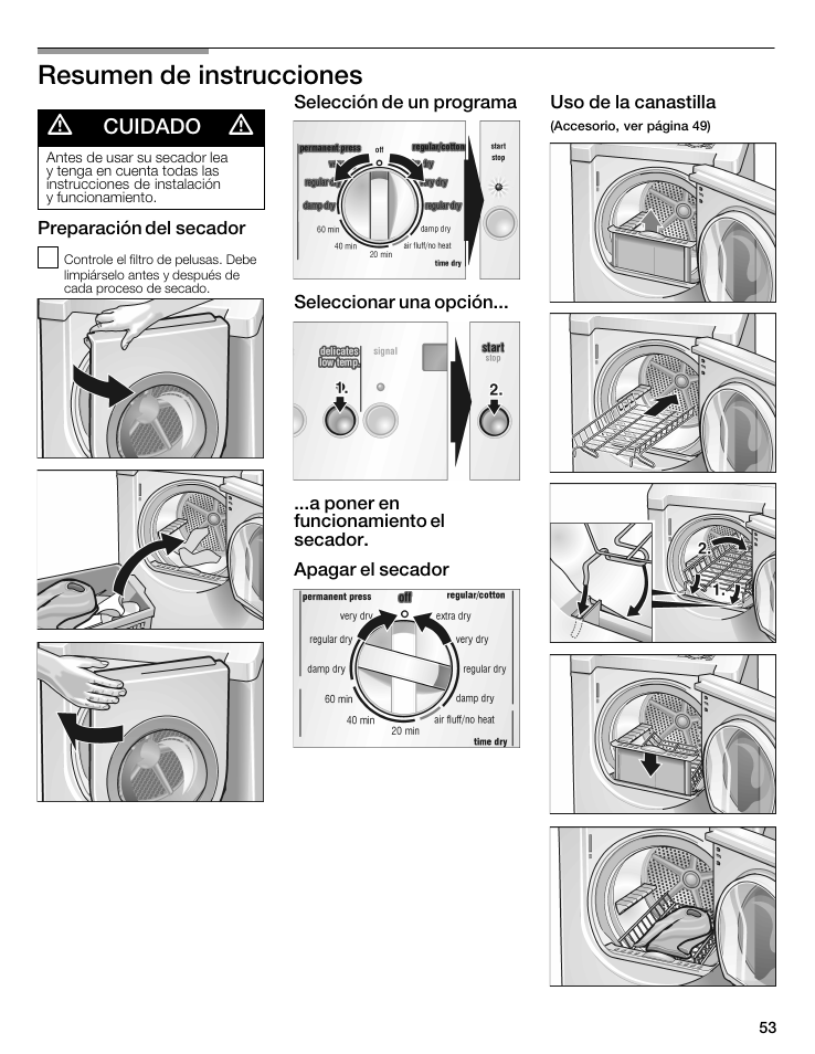 Resumen de instrucciones d, Cuidado | Siemens WTXD5321US User Manual | Page 53 / 64