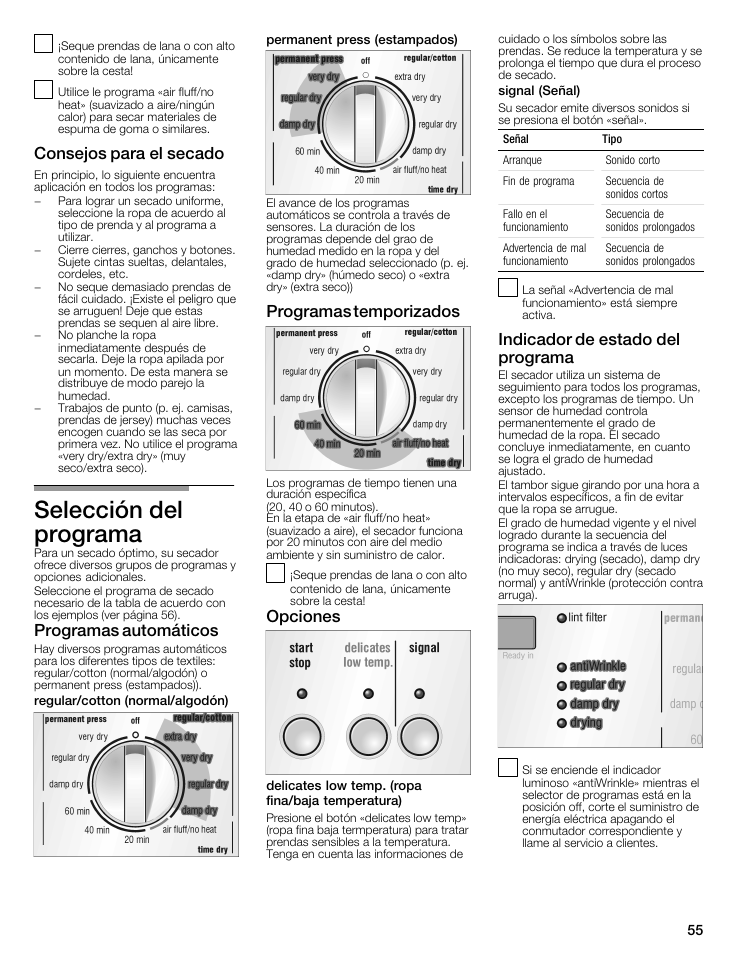 Selección del programa, Consejos para el secado, Programas automáticos | Programas temporizados, Opciones, Indicador de estado del programa | Siemens WTXD5321US User Manual | Page 55 / 64