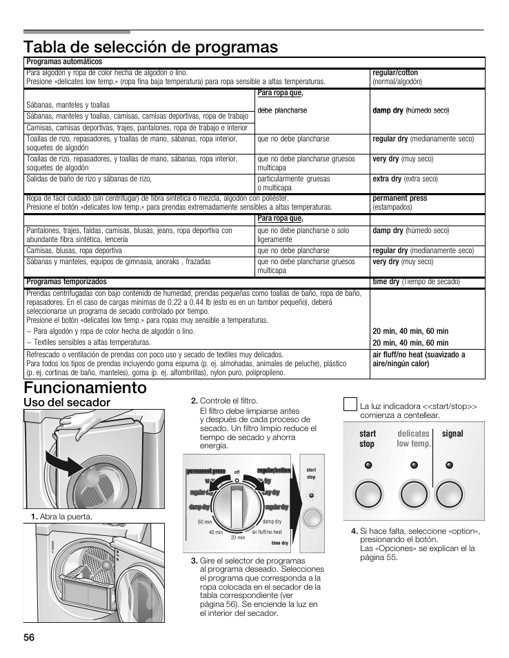 Tabla de selección de programas, Funcionamiento, Uso del secador | Siemens WTXD5321US User Manual | Page 56 / 64