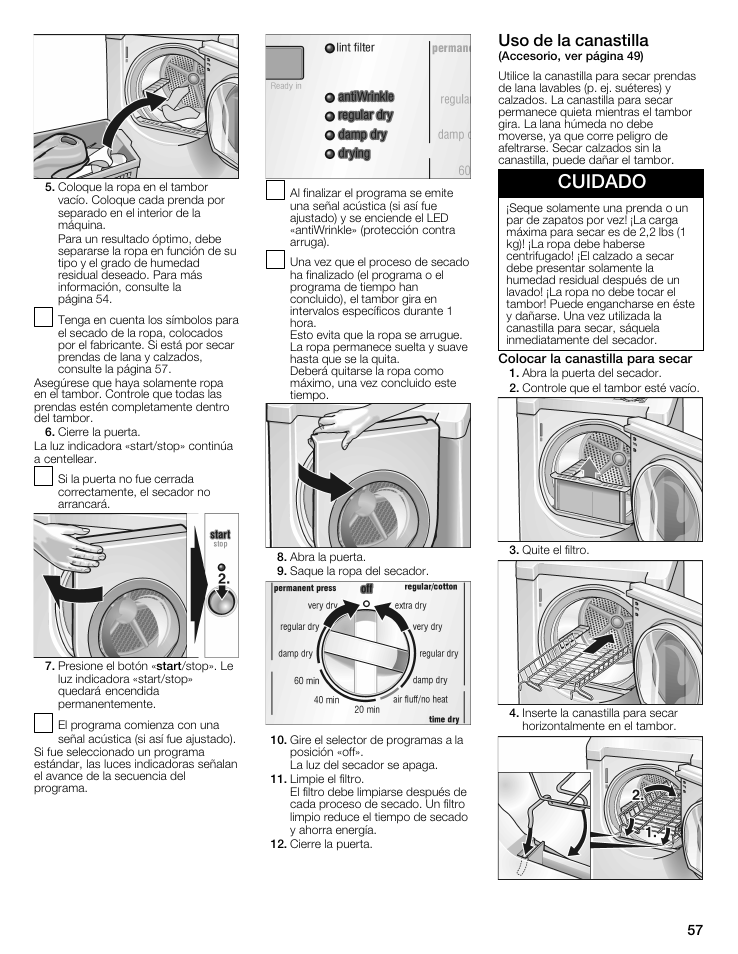 Cuidado, Uso de la canastilla | Siemens WTXD5321US User Manual | Page 57 / 64