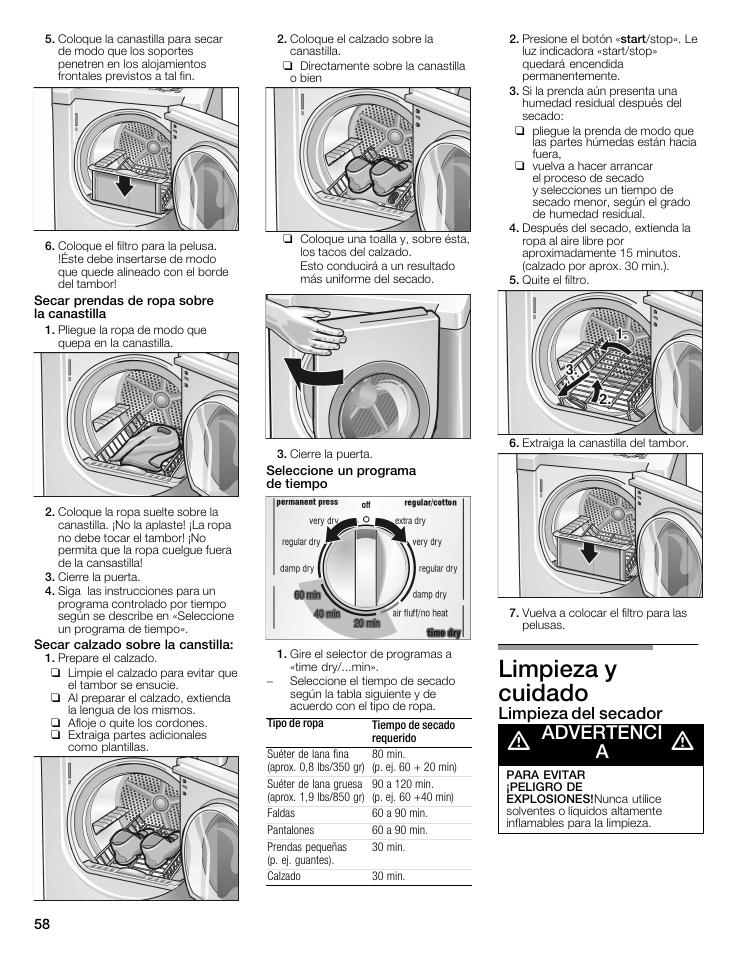 Limpieza y cuidado, Advertenci a, Limpieza del secador | Siemens WTXD5321US User Manual | Page 58 / 64