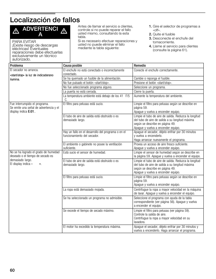 Localización de fallos d, Advertenci a | Siemens WTXD5321US User Manual | Page 60 / 64