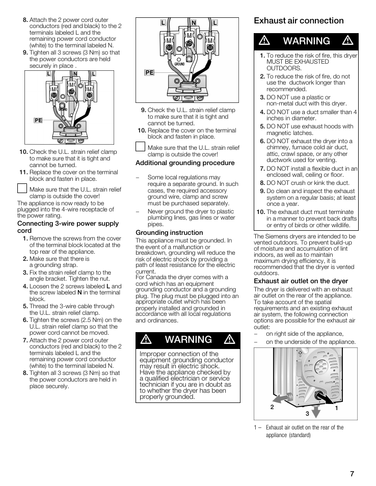 Warning, Exhaust air connection | Siemens WTXD5321US User Manual | Page 7 / 64