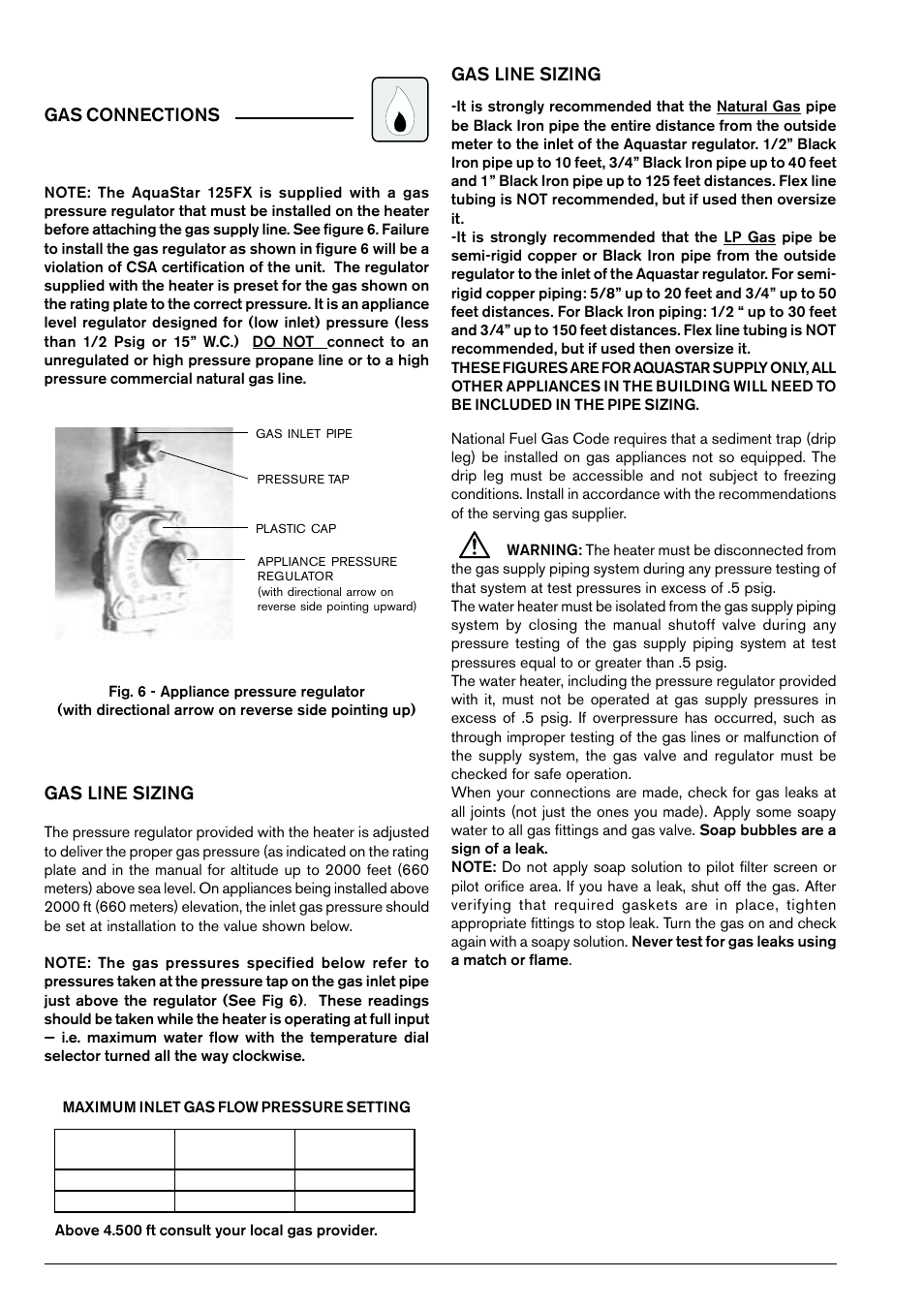 Gas line sizing, Gas connections | Bosch 125FX LP User Manual | Page 10 / 26