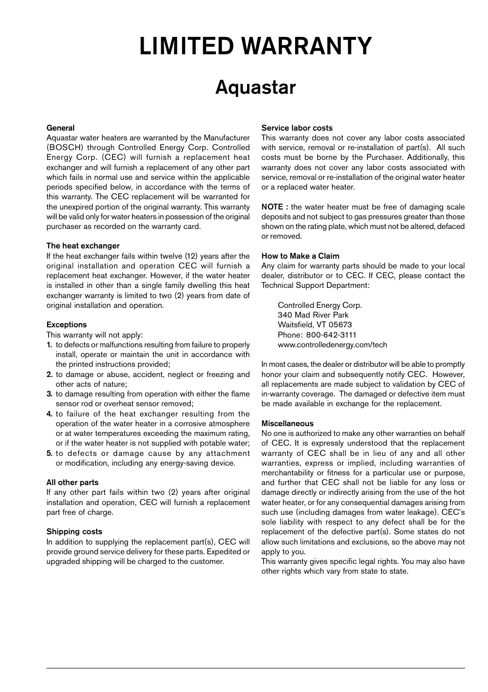 Limited warranty, Aquastar | Bosch 125FX LP User Manual | Page 25 / 26