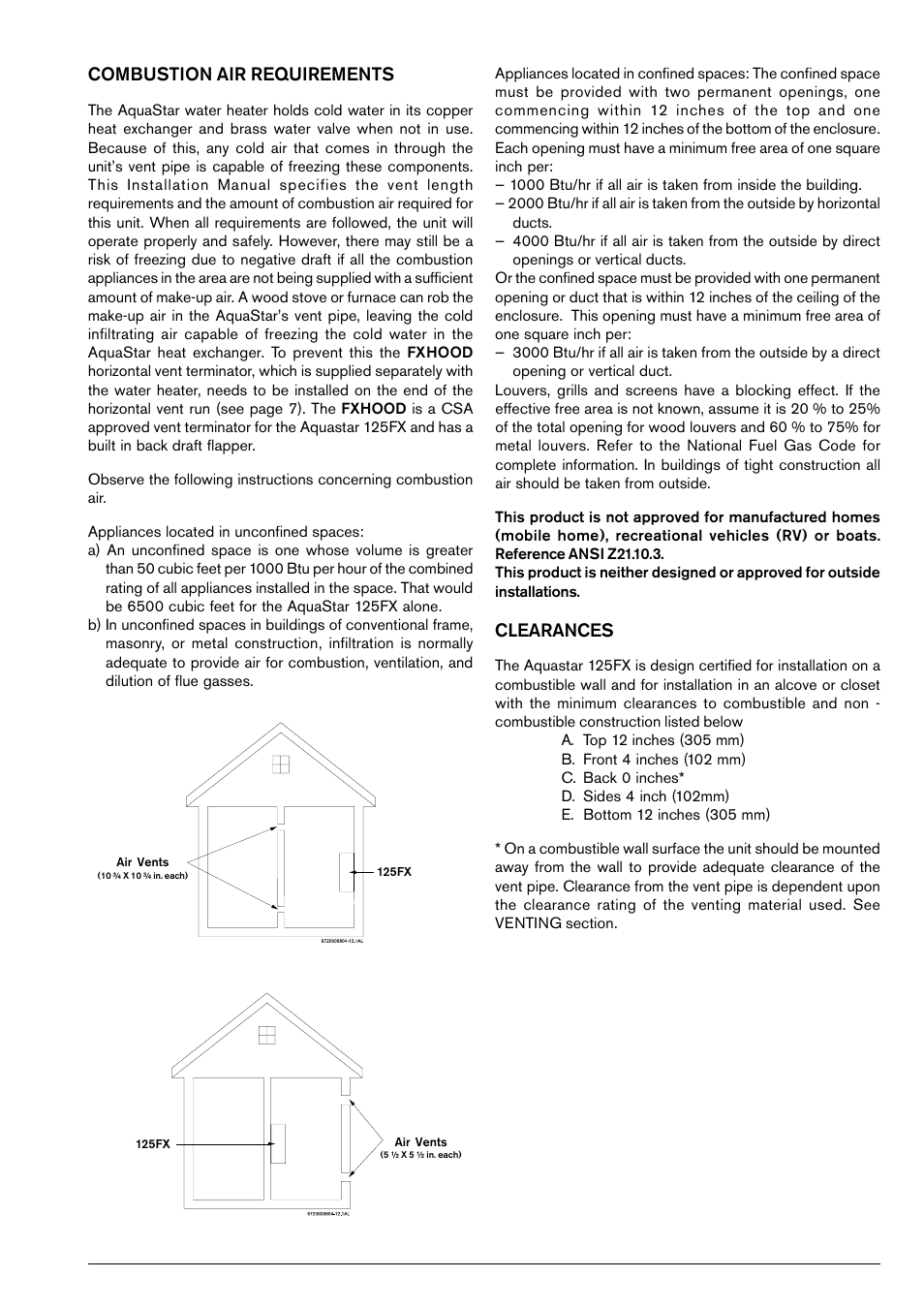 Combustion air requirements, Clearances | Bosch 125FX LP User Manual | Page 5 / 26