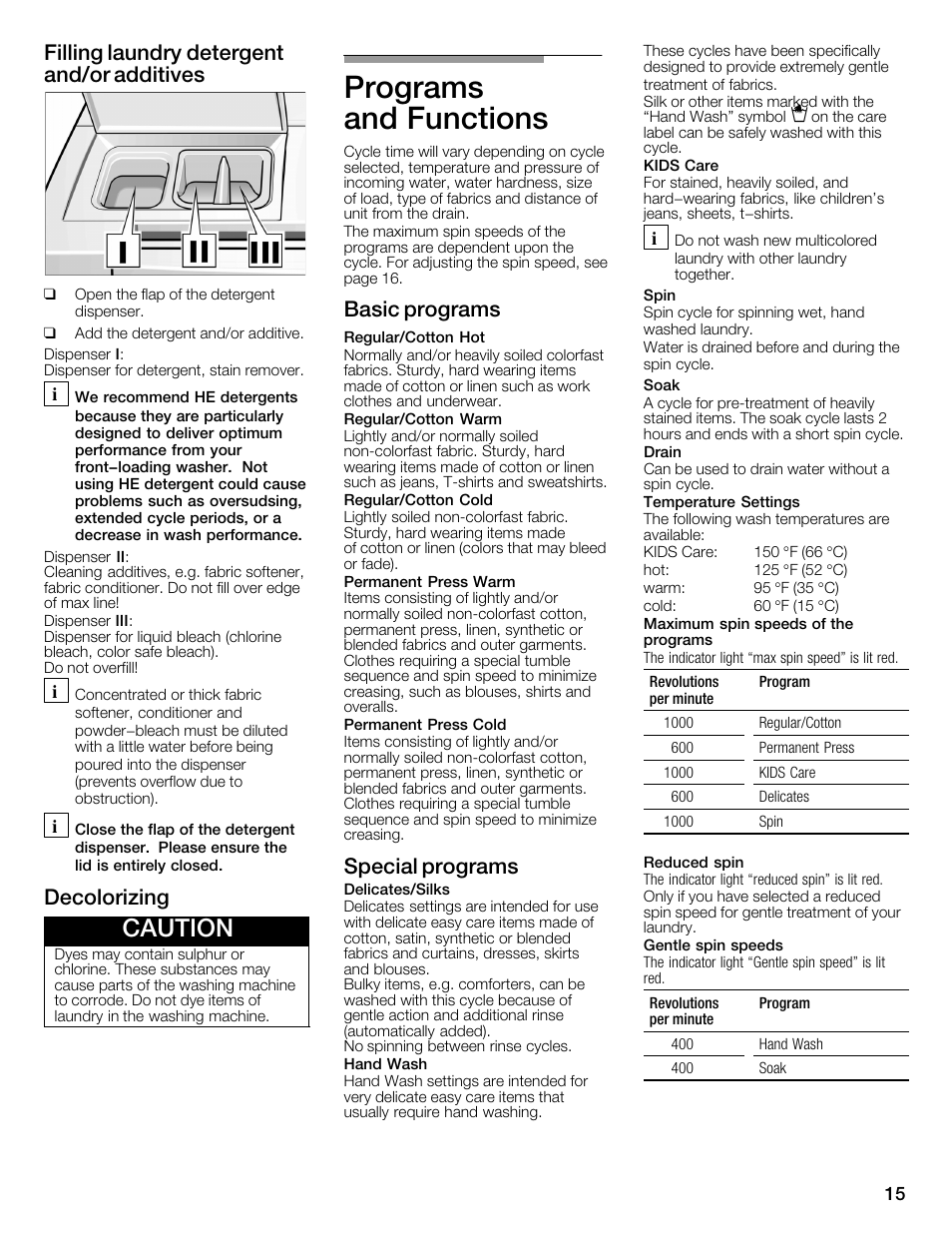 Programs and functions, Caution, Filling laundry detergent and/or additives | Decolorizing, Basic programs, Special programs | Bosch WFMC2201UC User Manual | Page 15 / 80