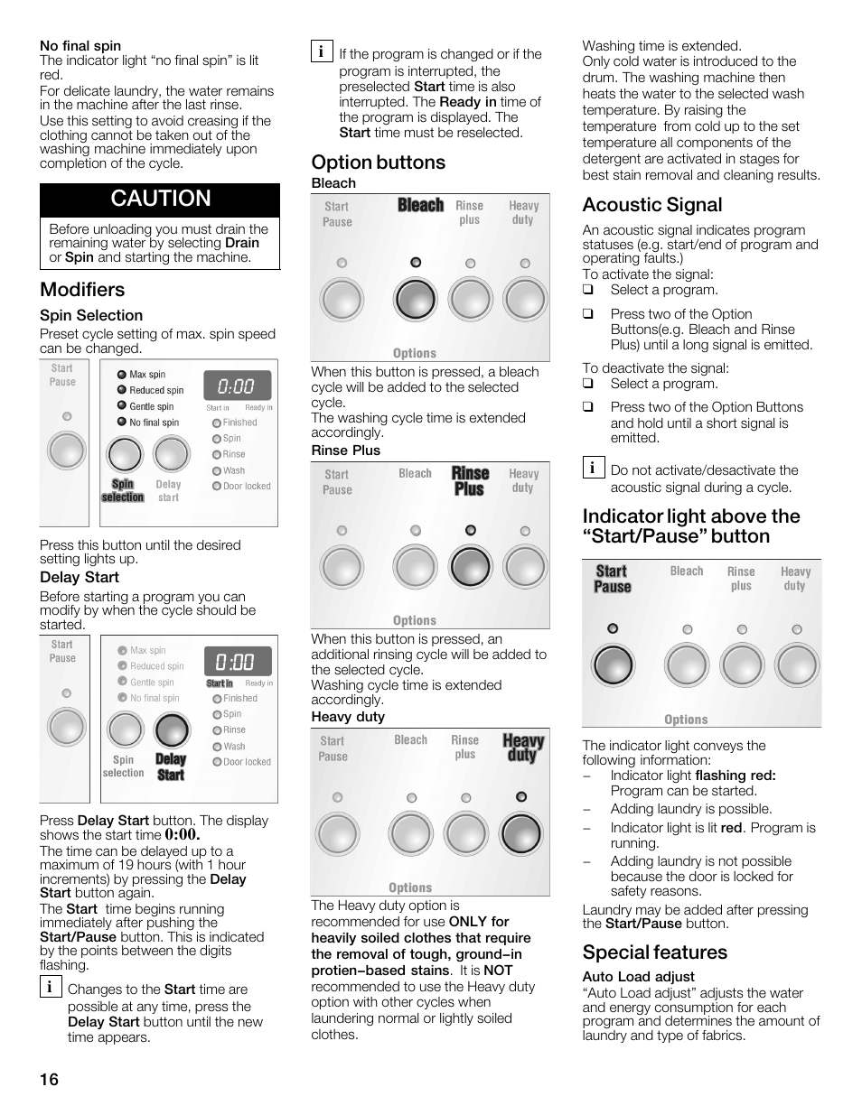 Caution, Modifiers, Option buttons | Acoustic signal, Indicator light above the start/pause" button, Special features | Bosch WFMC2201UC User Manual | Page 16 / 80