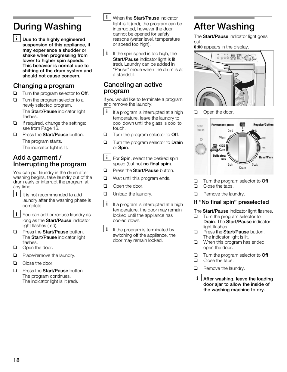 During washing, After washing, Changing a program | Add a garment / interrupting the program, Canceling an active program | Bosch WFMC2201UC User Manual | Page 18 / 80