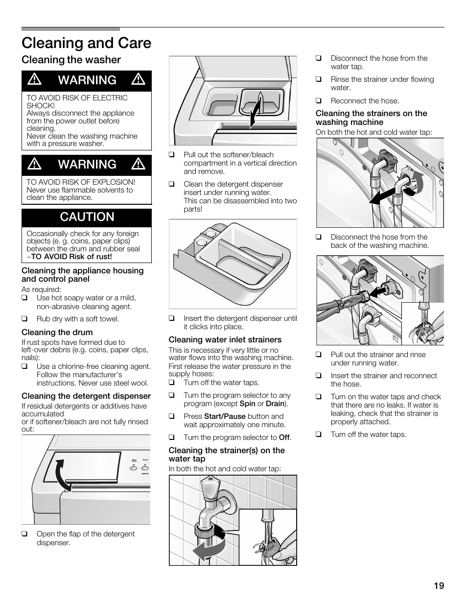 Cleaning and care, Warning, Caution | Cleaning the washer | Bosch WFMC2201UC User Manual | Page 19 / 80