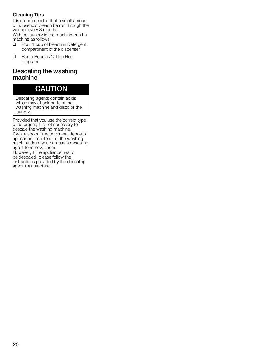 Caution, Descaling the washing machine | Bosch WFMC2201UC User Manual | Page 20 / 80