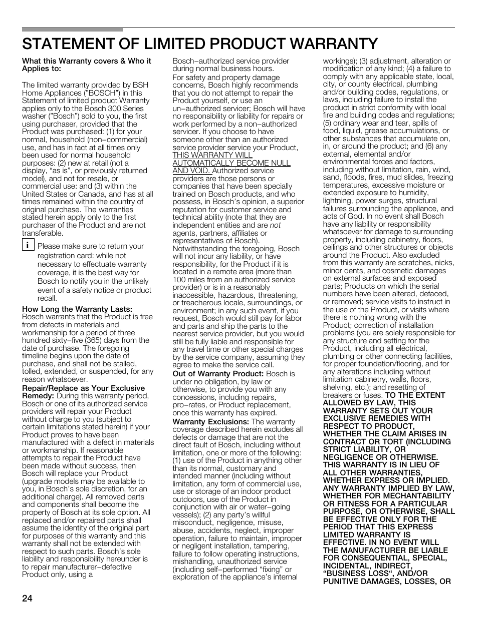 Statement of limited product warranty | Bosch WFMC2201UC User Manual | Page 24 / 80
