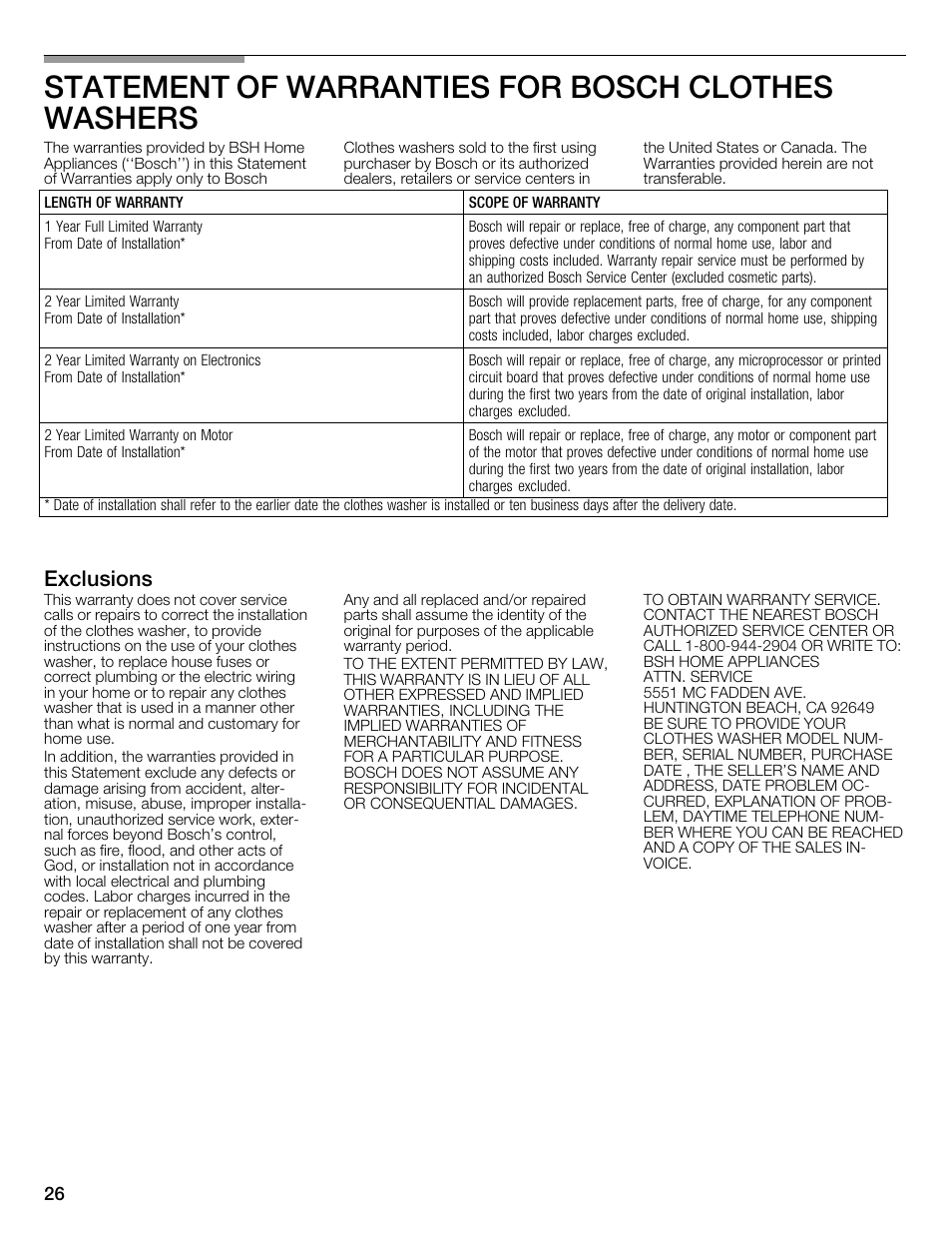 Statement of warranties for bosch clothes washers, Exclusions | Bosch WFMC2201UC User Manual | Page 26 / 80