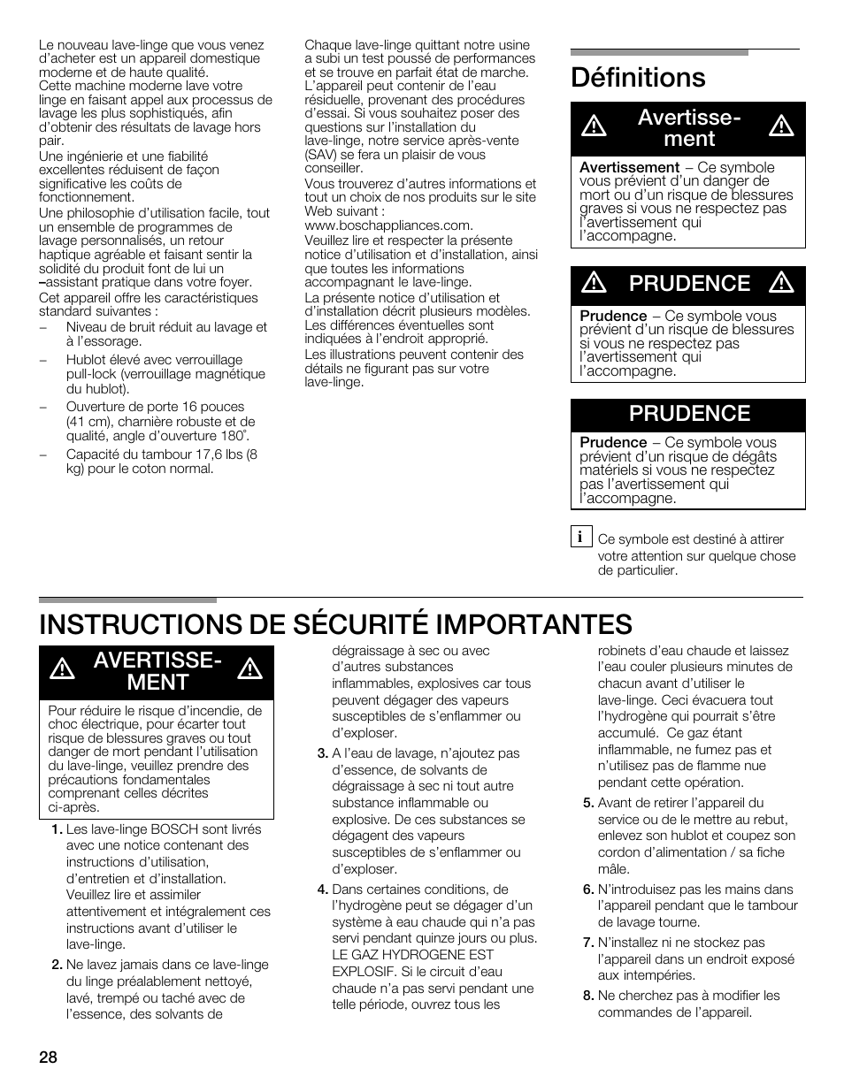 Définitions d, Instructions de sécurité importantes d, Avertisseć ment | Prudence | Bosch WFMC2201UC User Manual | Page 28 / 80