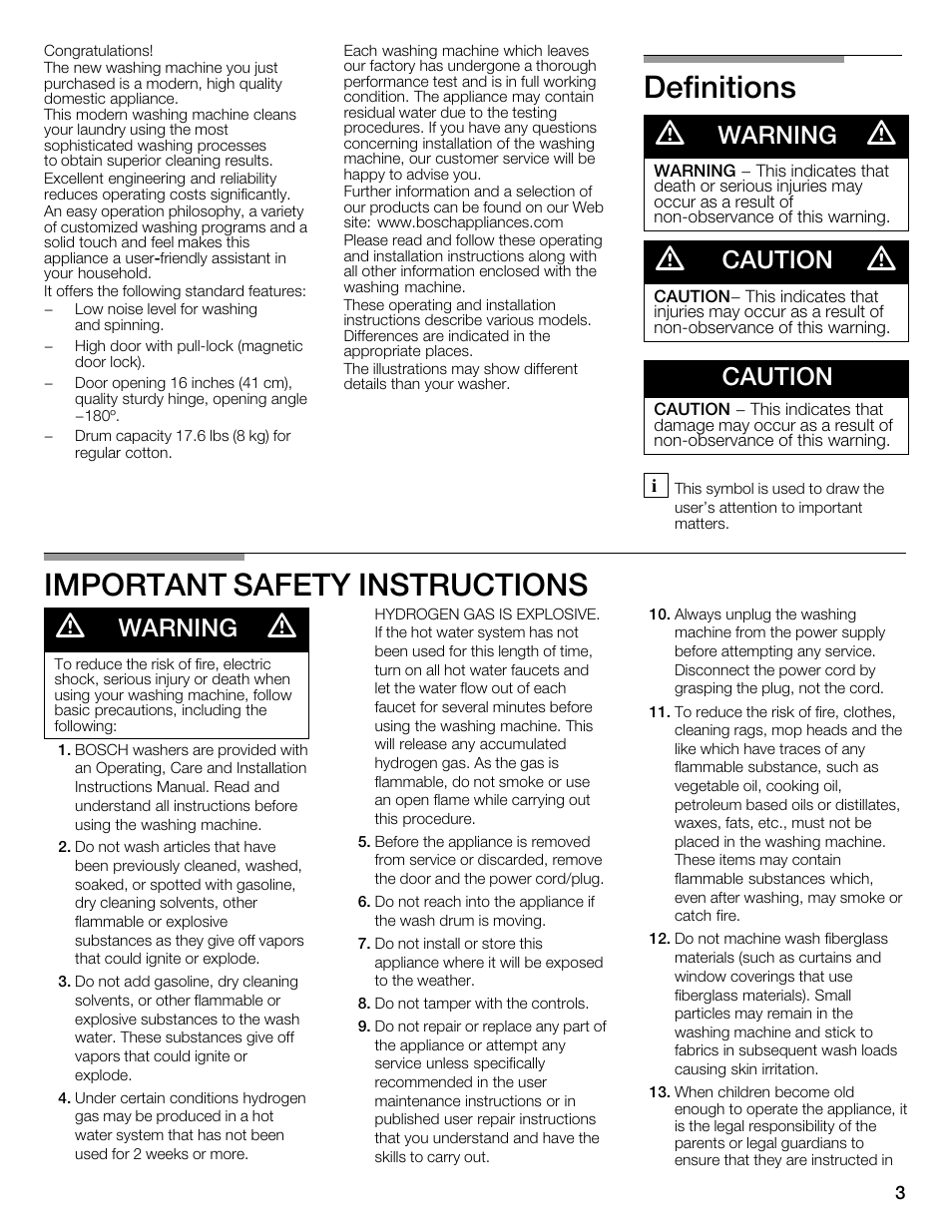 Definitions d, Important safety instructions d, Warning | Caution | Bosch WFMC2201UC User Manual | Page 3 / 80