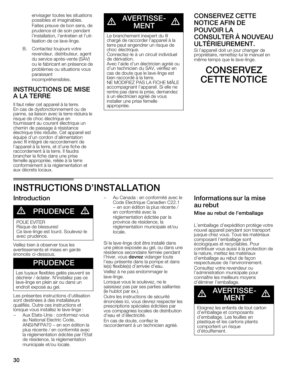 Conservez cette notice instructions d'installation, Avertisseć ment, Prudence | Instructions de mise a la terre, Introduction, Informations sur la mise au rebut | Bosch WFMC2201UC User Manual | Page 30 / 80