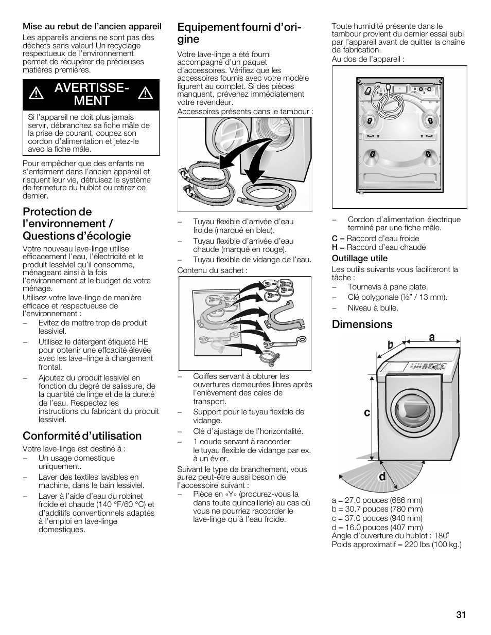 Avertisseć ment, Conformité d'utilisation, Equipement fourni d'orić gine | Dimensions | Bosch WFMC2201UC User Manual | Page 31 / 80