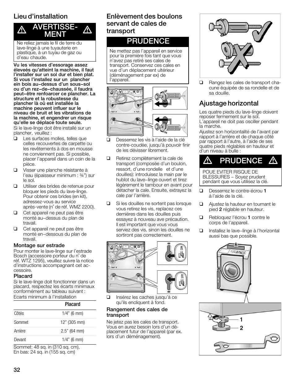 Avertisseć ment, Prudence, Lieu d'installation | Ajustage horizontal | Bosch WFMC2201UC User Manual | Page 32 / 80