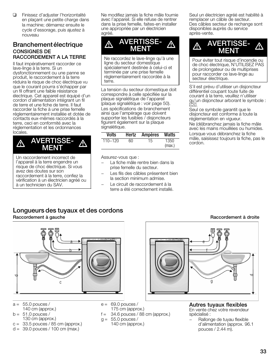 Avertisseć ment, Branchement électrique, Longueurs des tuyaux et des cordons | Bosch WFMC2201UC User Manual | Page 33 / 80