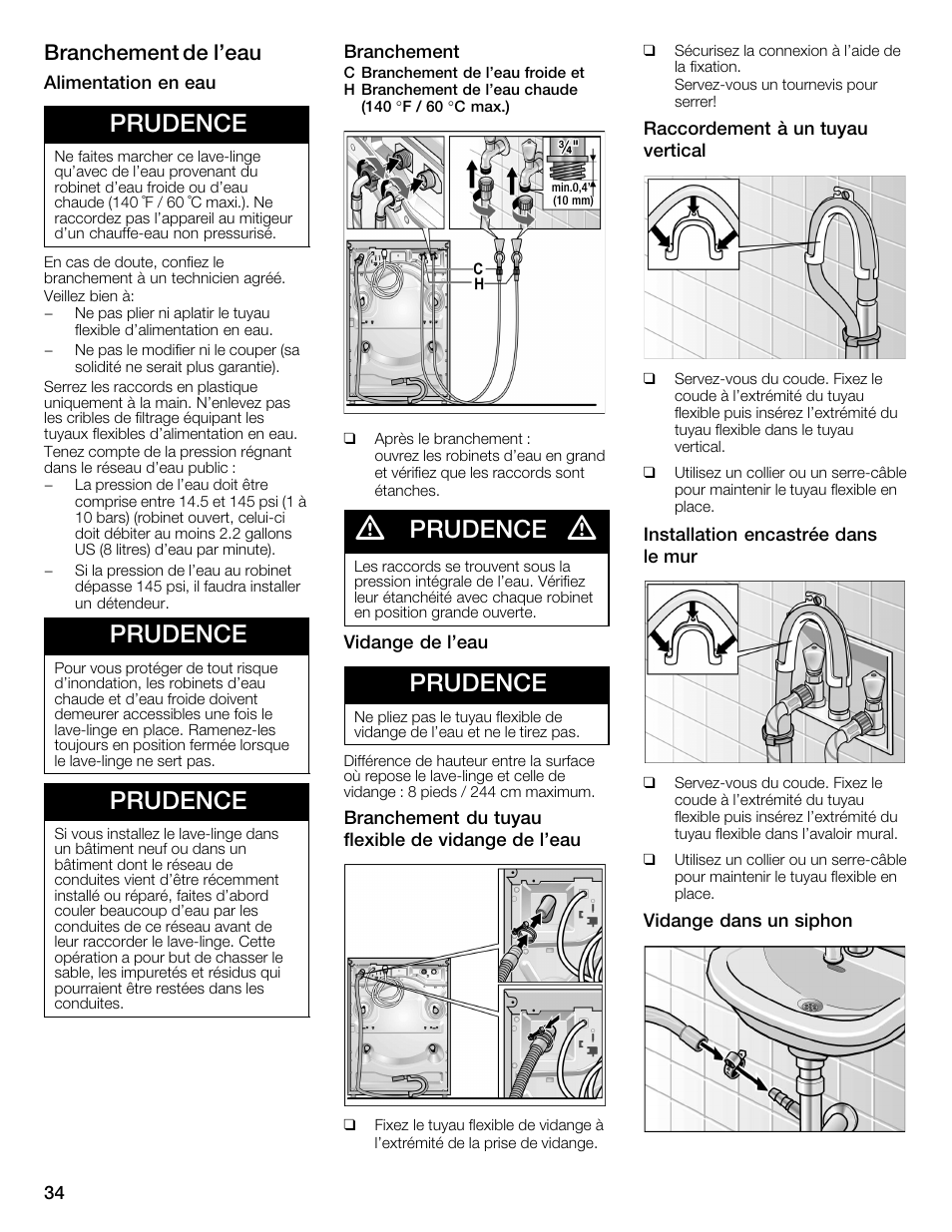 Prudence, Branchement de l'eau | Bosch WFMC2201UC User Manual | Page 34 / 80