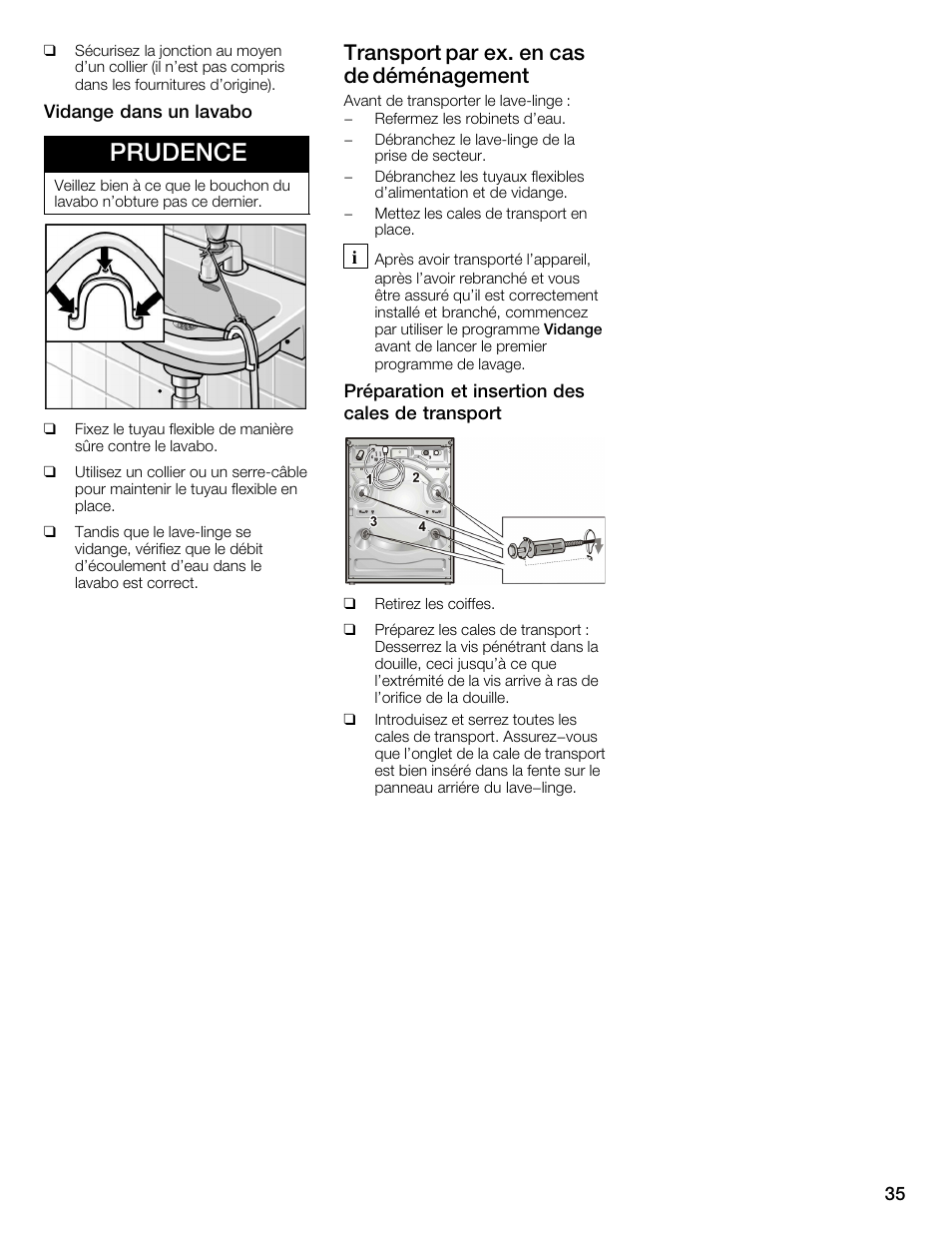 Prudence, Transport par ex. en cas de déménagement | Bosch WFMC2201UC User Manual | Page 35 / 80