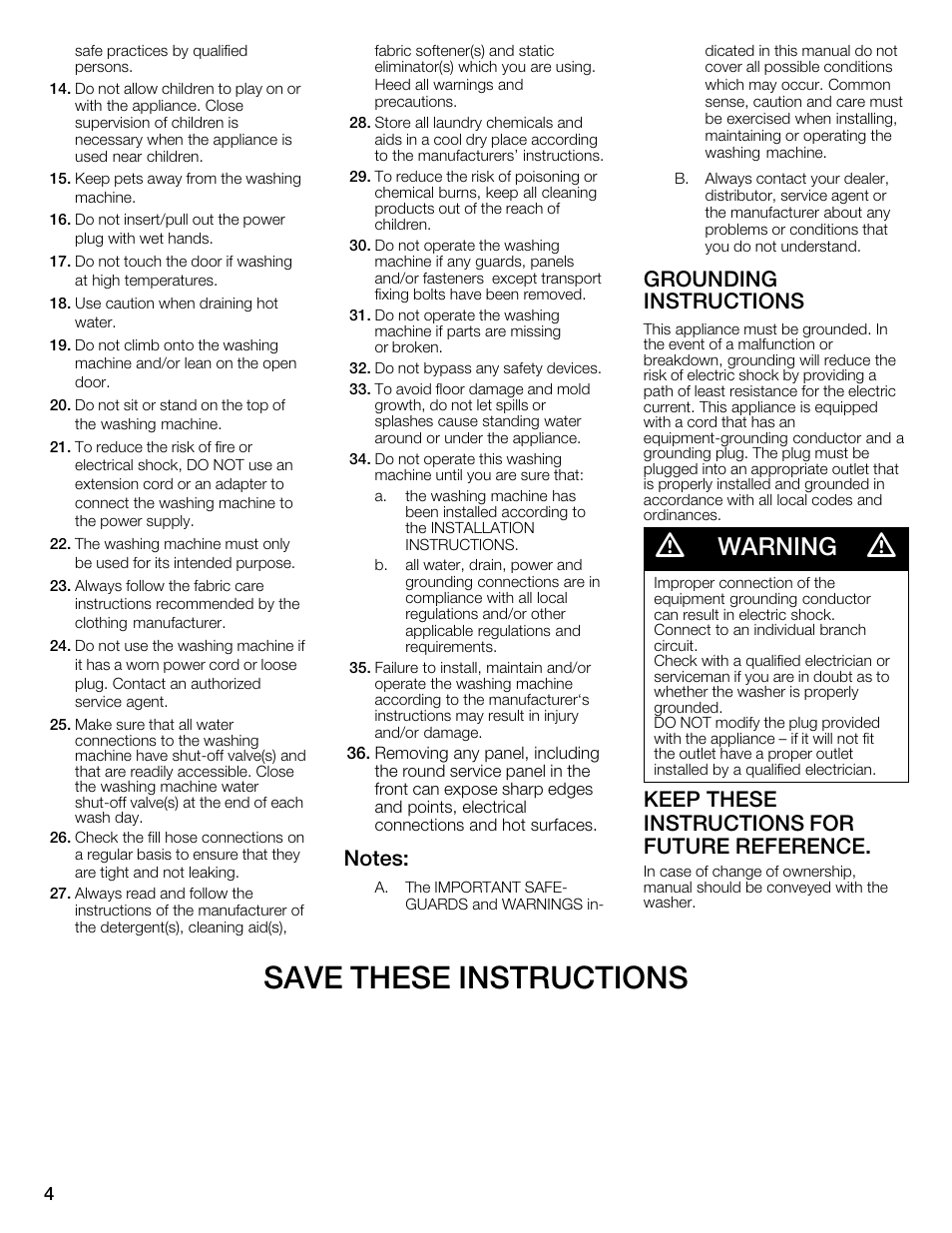 Save these instructions, Warning, Grounding instructions | Keep these instructions for future reference | Bosch WFMC2201UC User Manual | Page 4 / 80