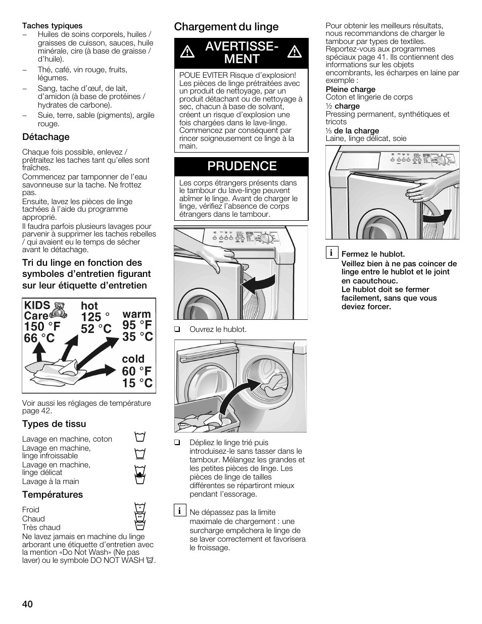 Avertisseć ment, Prudence, Chargement du linge | Bosch WFMC2201UC User Manual | Page 40 / 80