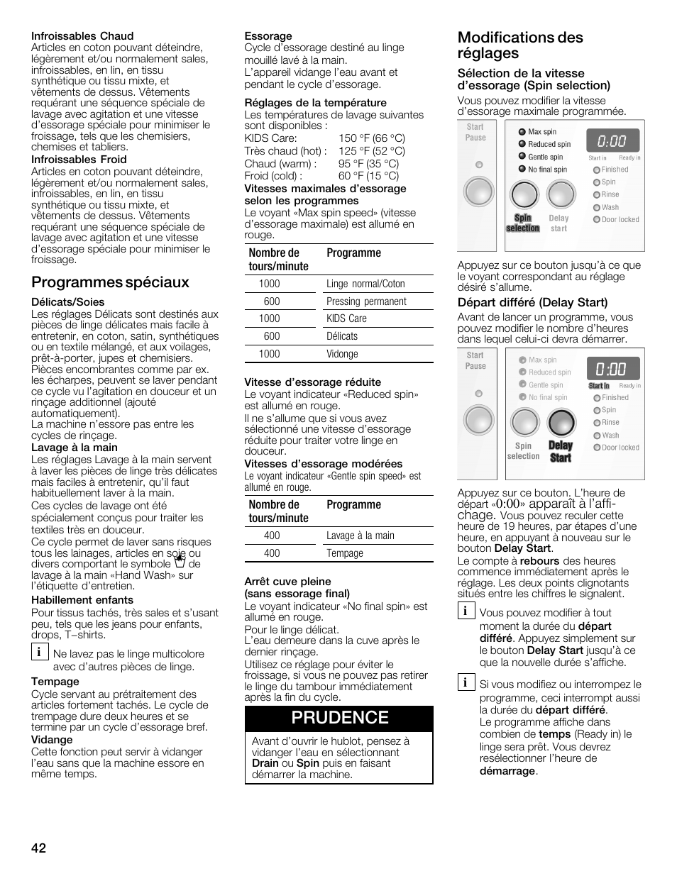 Prudence, Programmes spéciaux, Modifications des réglages | Bosch WFMC2201UC User Manual | Page 42 / 80