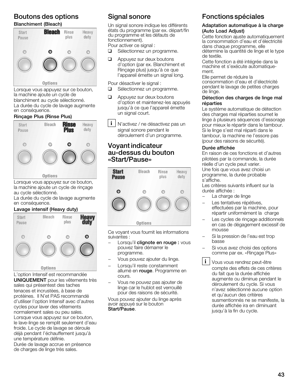 Boutons des options, Signal sonore, Voyant indicateur aućdessus du bouton «start/pause | Fonctions spéciales | Bosch WFMC2201UC User Manual | Page 43 / 80