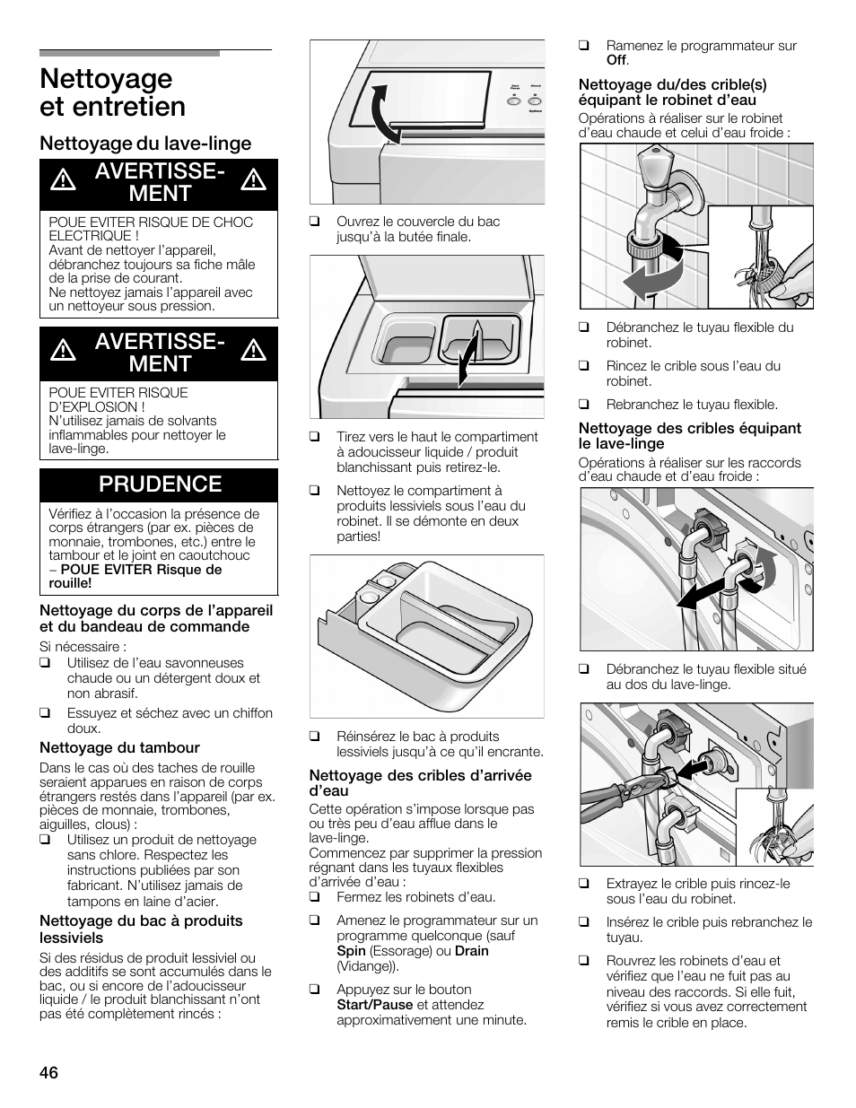 Nettoyage et entretien, Avertisseć ment, Prudence | Nettoyage du lavećlinge | Bosch WFMC2201UC User Manual | Page 46 / 80