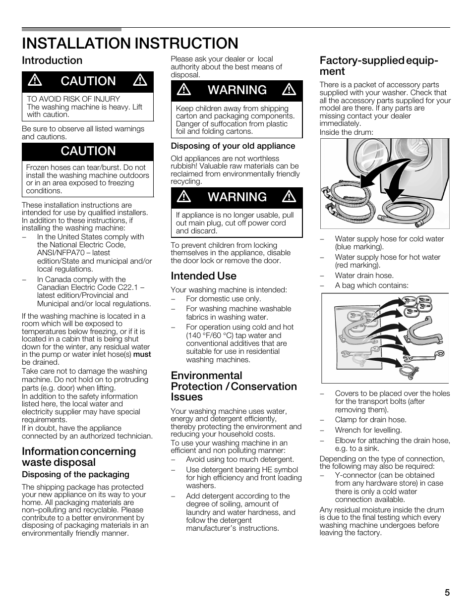 Installation instruction, Caution, Warning | Introduction, Information concerning waste disposal, Intended use, Environmental protection / conservation issues, Factoryćsupplied equipć ment | Bosch WFMC2201UC User Manual | Page 5 / 80