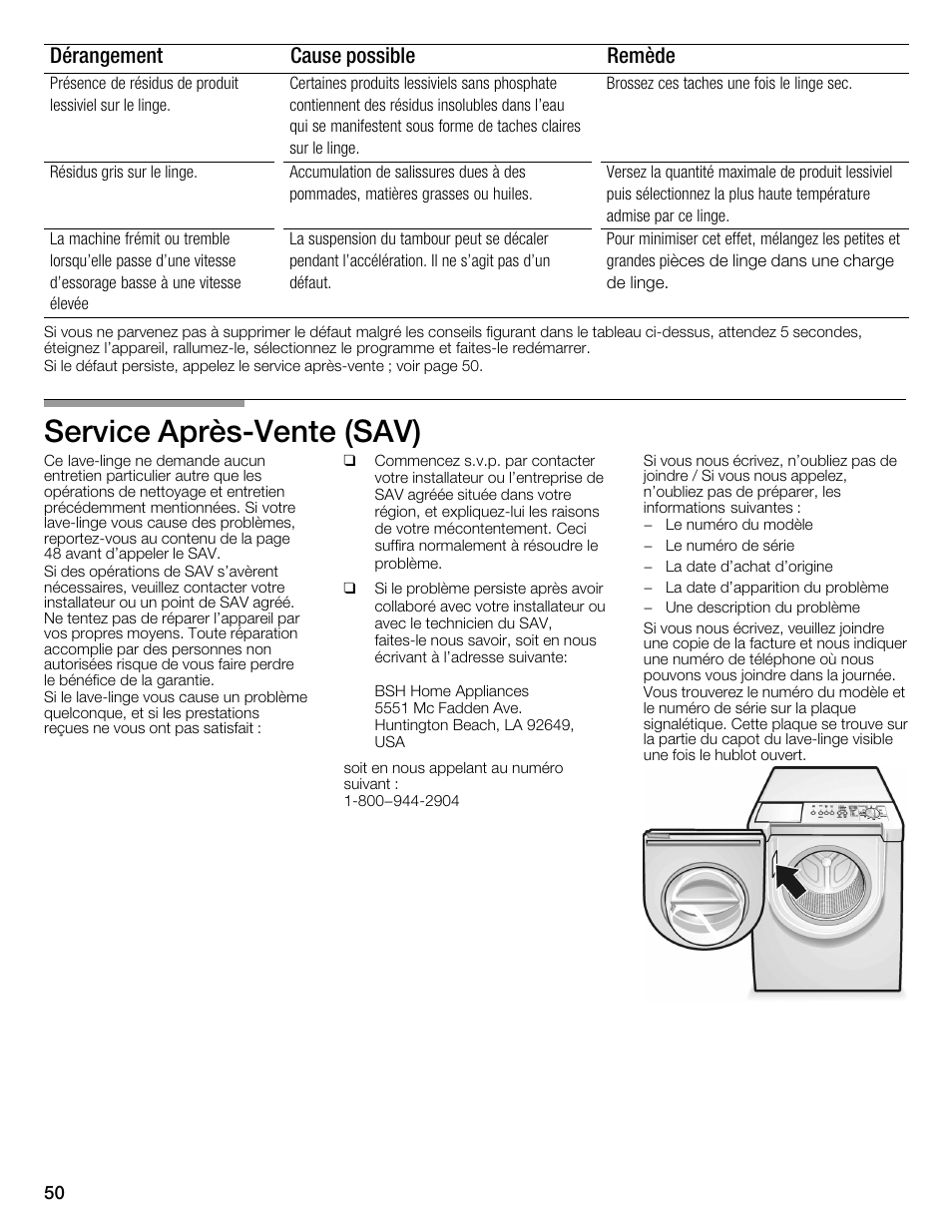 Service aprèsćvente (sav), Dérangement remède cause possible | Bosch WFMC2201UC User Manual | Page 50 / 80