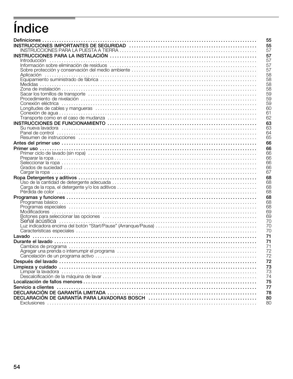 Índice | Bosch WFMC2201UC User Manual | Page 54 / 80