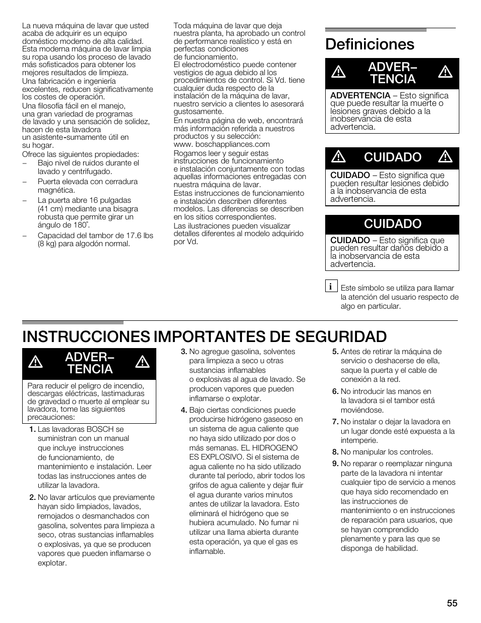 Definiciones d, Instrucciones importantes deăseguridad d, Adver- tencia | Cuidado | Bosch WFMC2201UC User Manual | Page 55 / 80