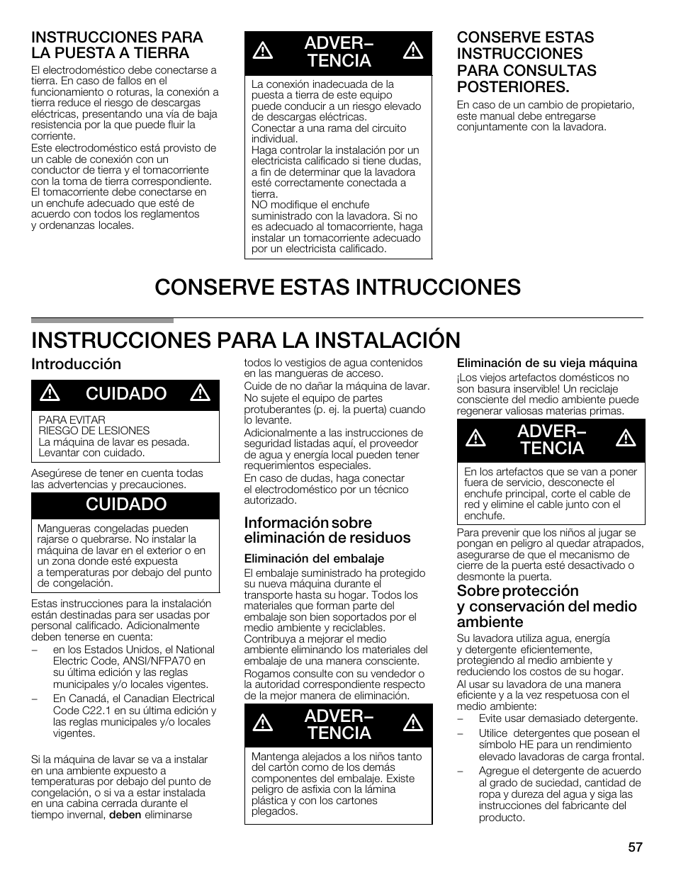 Adver- tencia, Cuidado, Instrucciones para la puesta aătierra | Introducción, Información sobre eliminación de residuos, Sobre protección yăconservación del medio ambiente | Bosch WFMC2201UC User Manual | Page 57 / 80