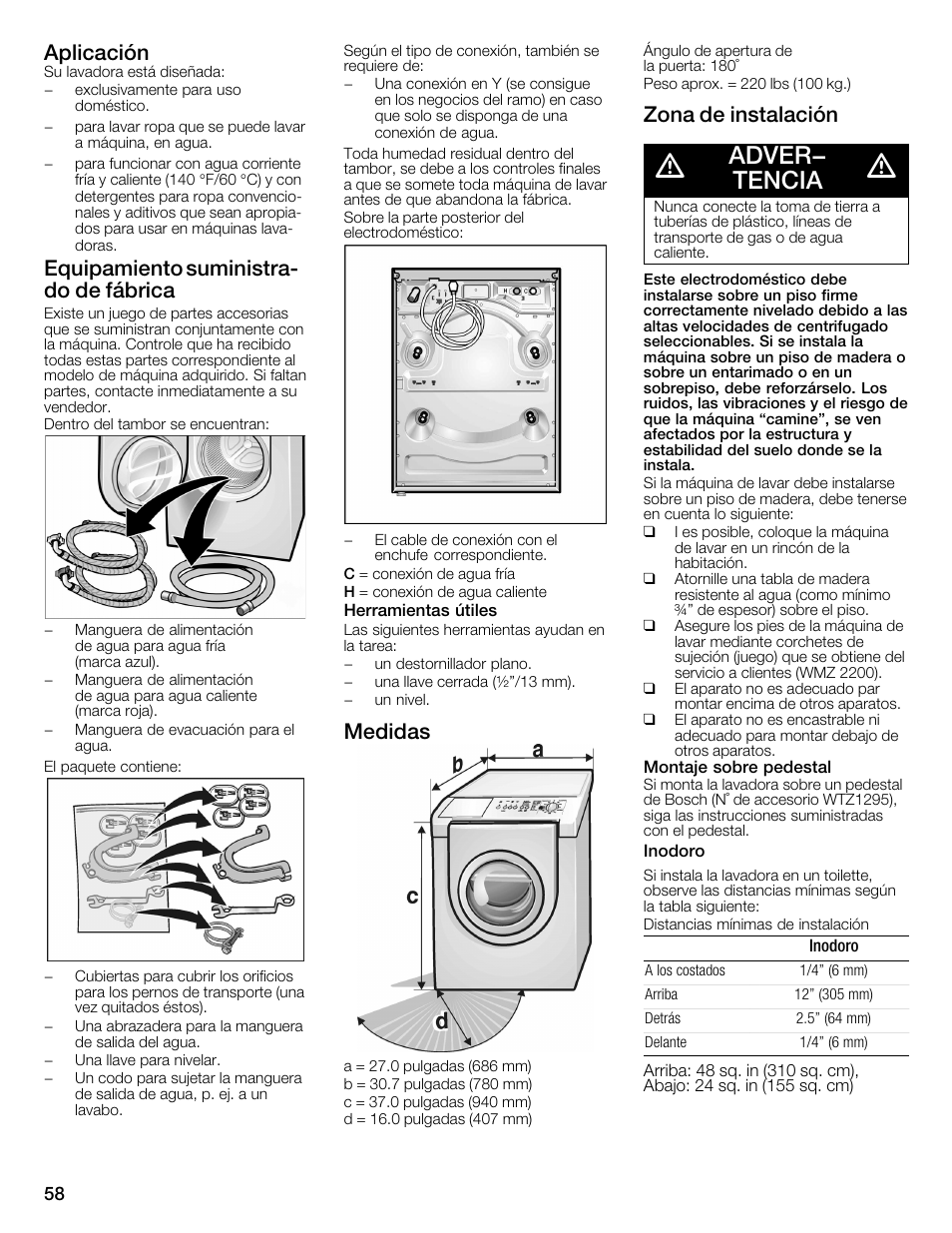 Adver- tencia, Aplicación, Equipamiento suministrać do de fábrica | Medidas, Zona de instalación | Bosch WFMC2201UC User Manual | Page 58 / 80