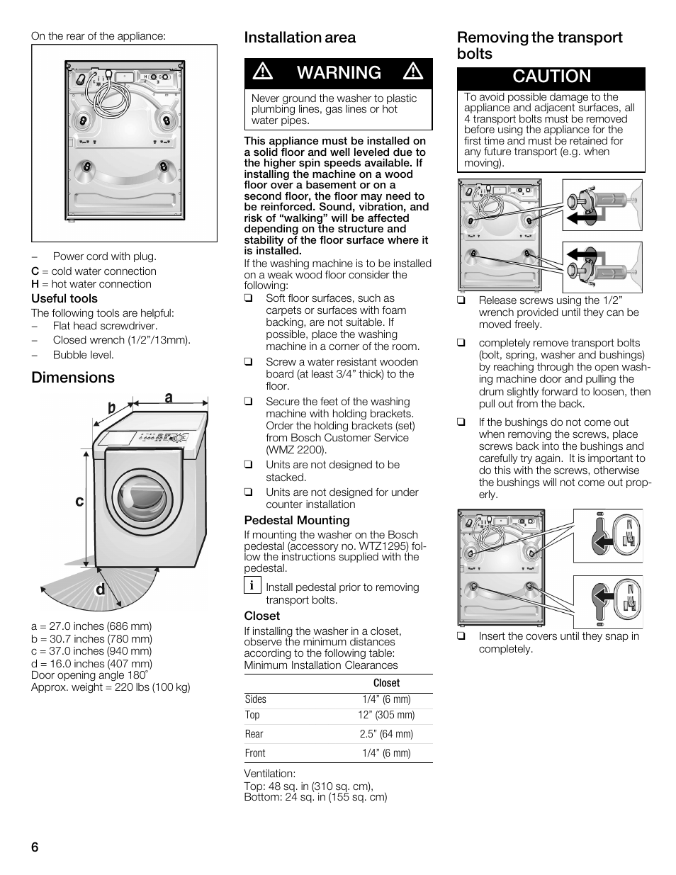 Warning, Caution, Dimensions | Installation area, Removing the transport bolts | Bosch WFMC2201UC User Manual | Page 6 / 80