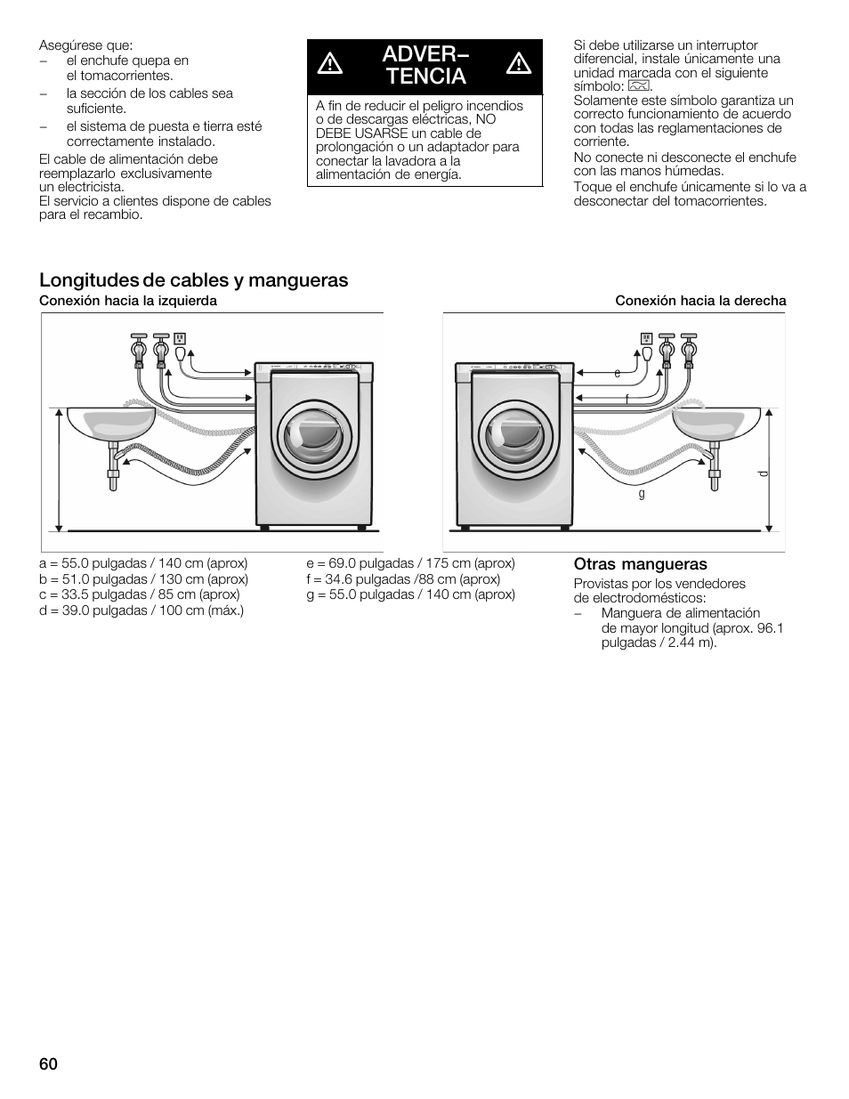 Adver- tencia, Longitudes de cables y mangueras | Bosch WFMC2201UC User Manual | Page 60 / 80