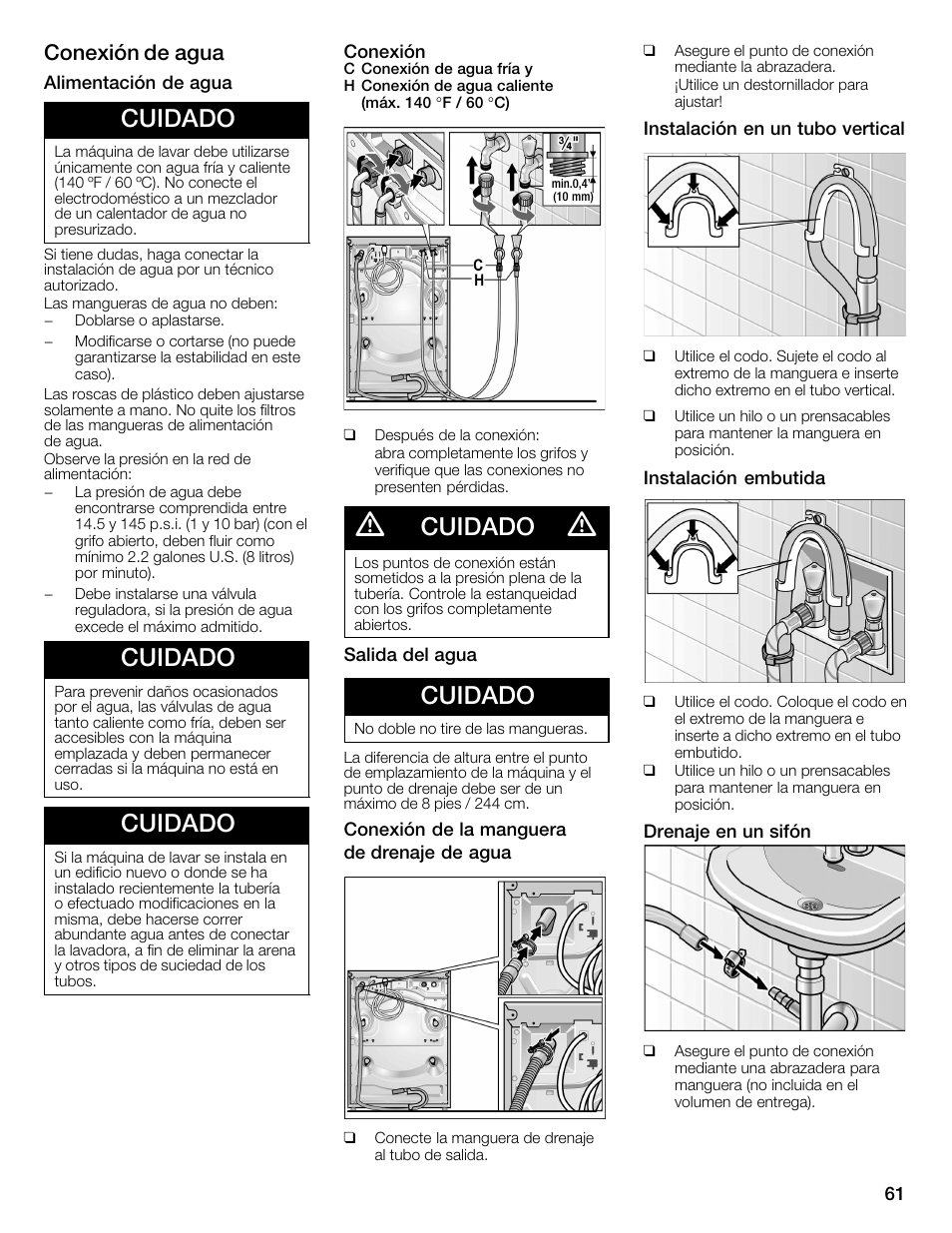 Cuidado, Conexión de agua | Bosch WFMC2201UC User Manual | Page 61 / 80