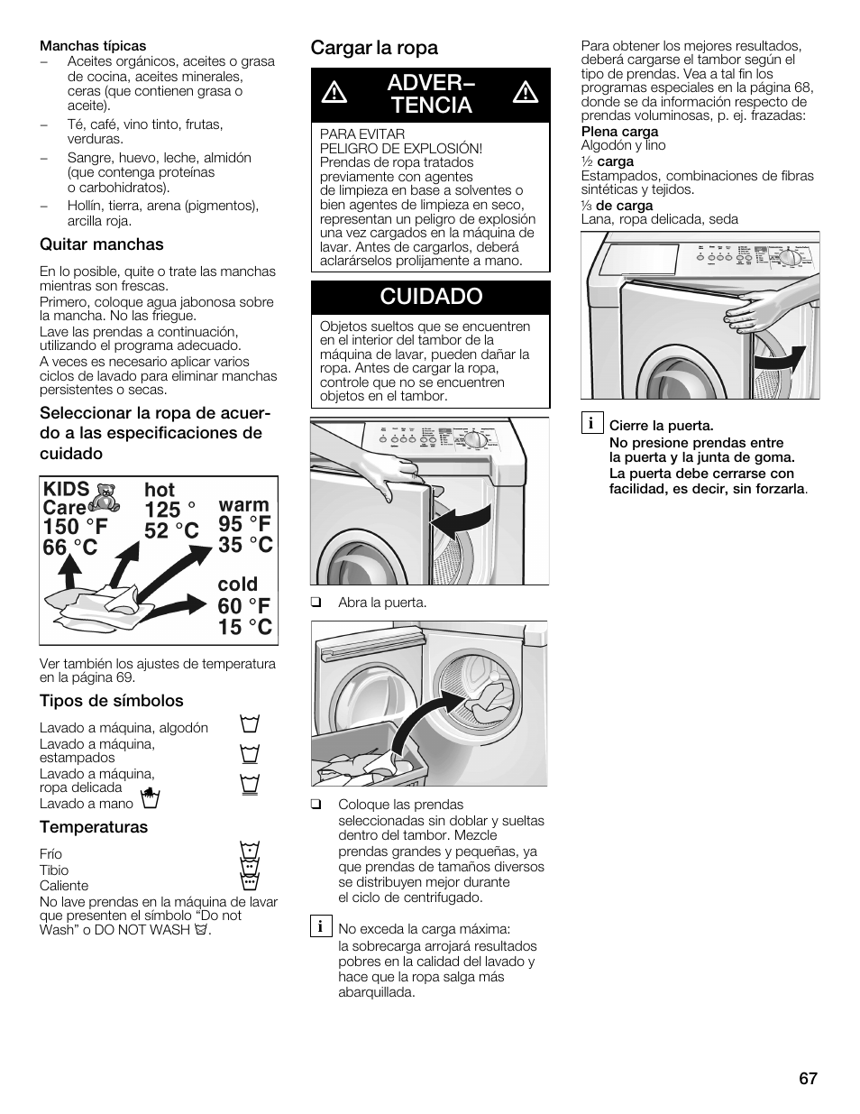 Adver- tencia, Cuidado, Cargar la ropa | Bosch WFMC2201UC User Manual | Page 67 / 80