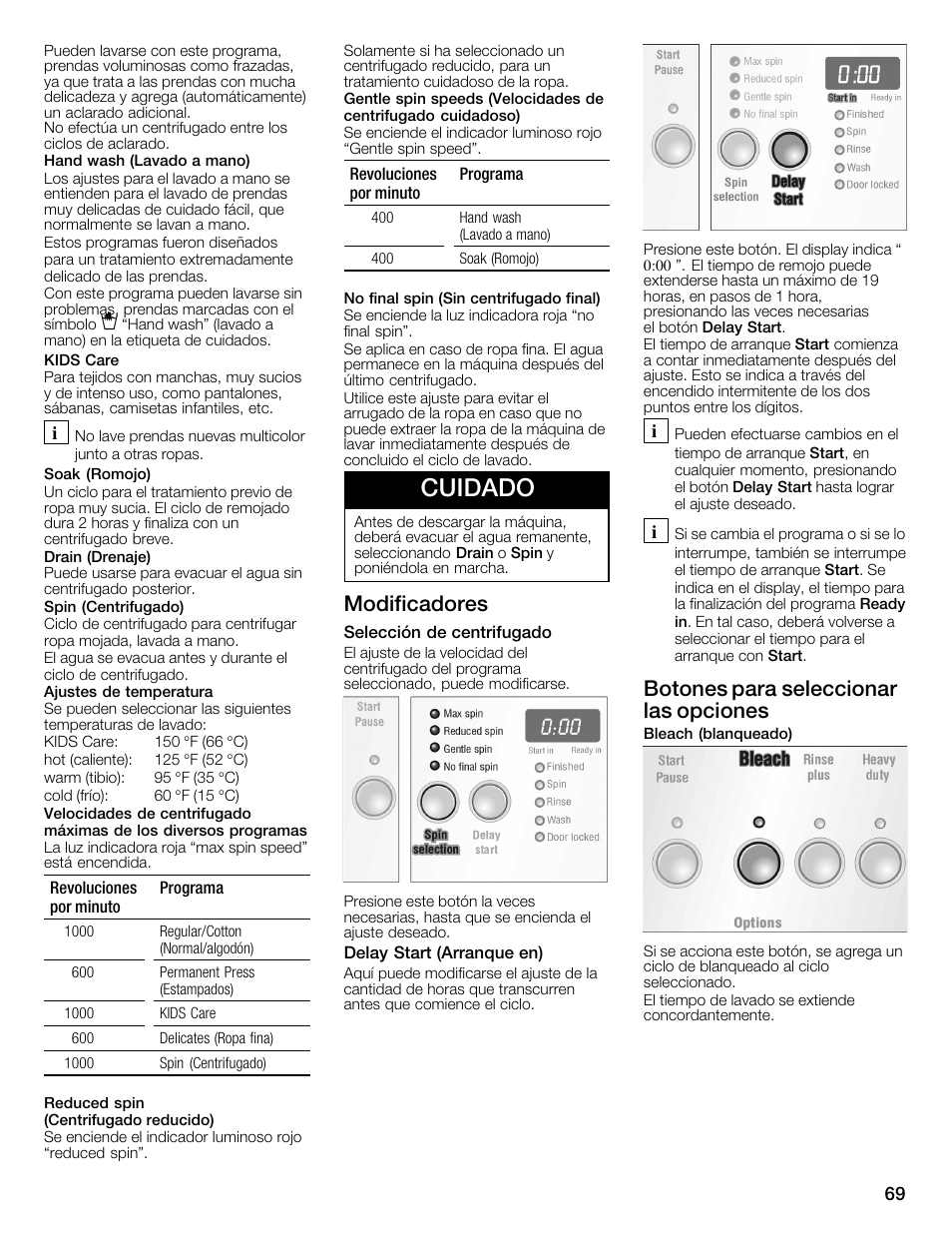 Cuidado, Modificadores, Botones para seleccionar las opciones | Bosch WFMC2201UC User Manual | Page 69 / 80